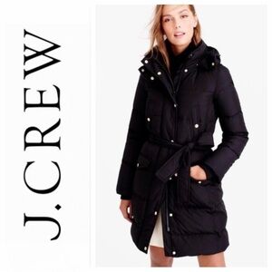 J. Crew Wintress Belted Long Down Puffer Coat with Hood, Black, B5123, Size XL